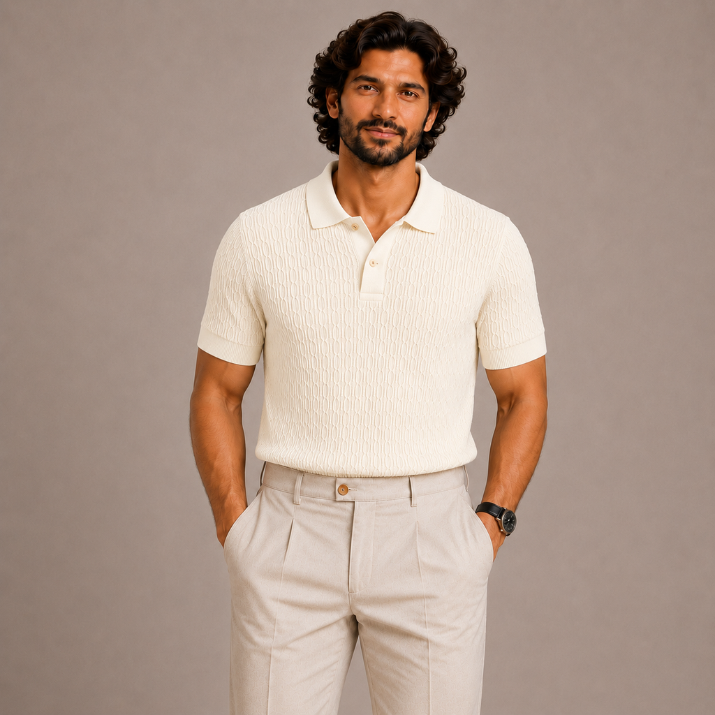 Cream Cotton Cable Knit Polo