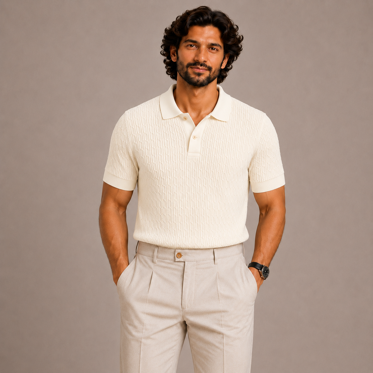 Cream Cotton Cable Knit Polo