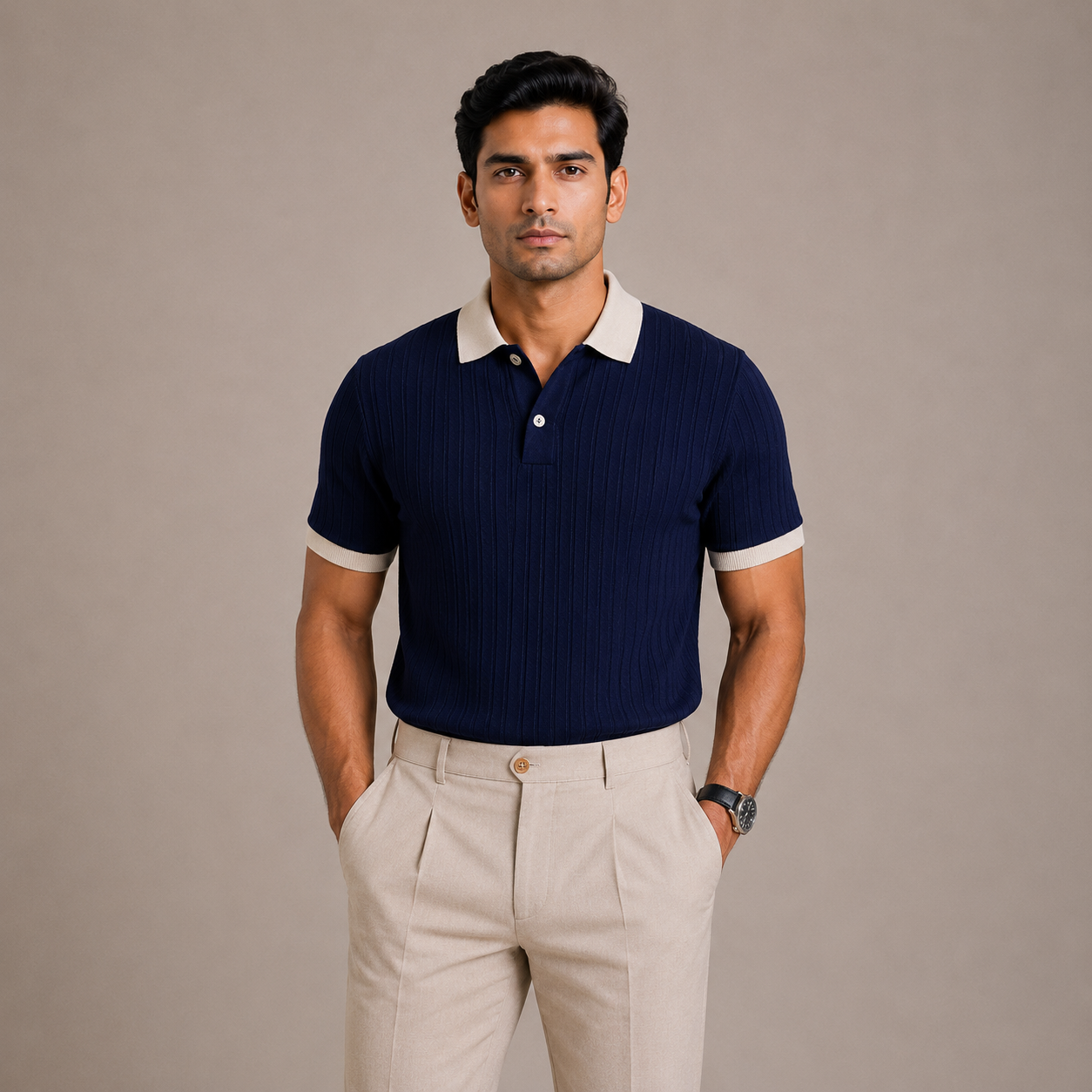 Navy Blue Cotton Contrast Collar Polo