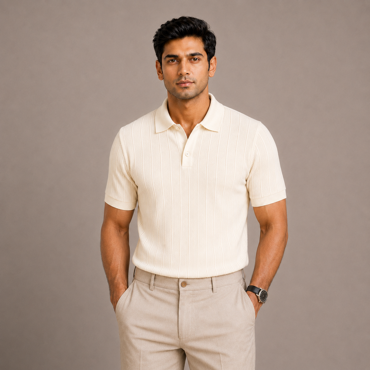Cream Cotton Rib Knit Polo