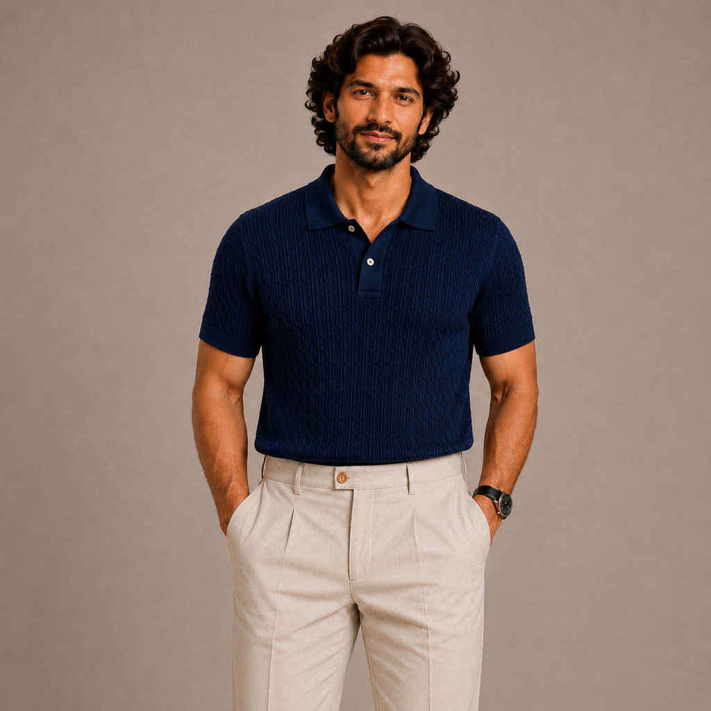 Navy Blue Cotton Cable Knit Polo