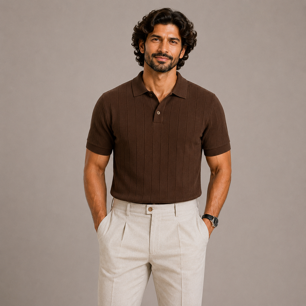 Brown Cotton Rib Knit Polo