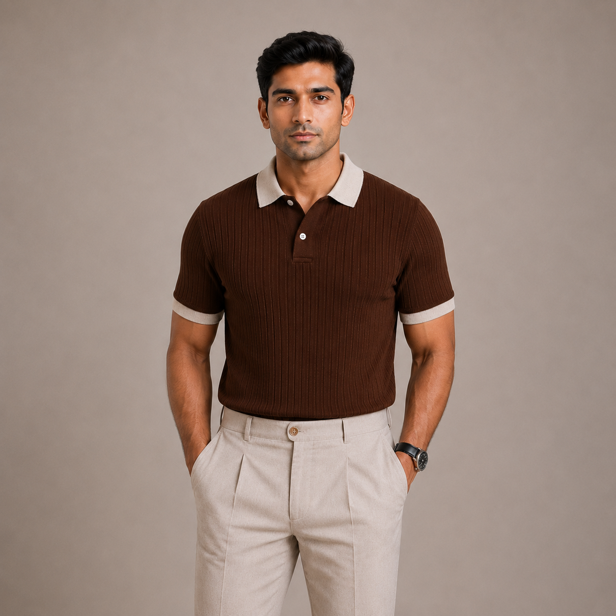 Brown Cotton Contrast Collar Polo
