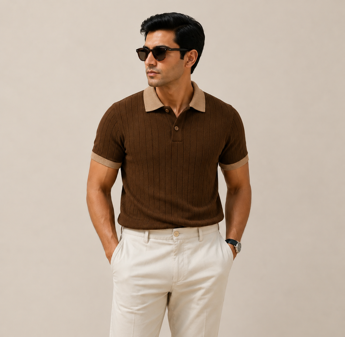 Men's Brown Contrast Collar Polo – 100% Cotton