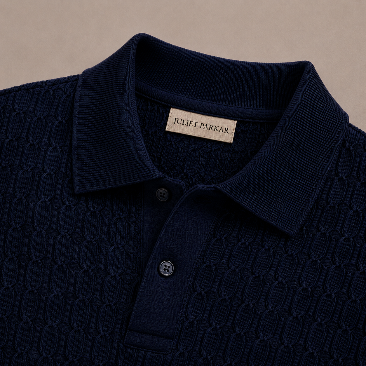 Navy Blue Cotton Cable Knit Polo