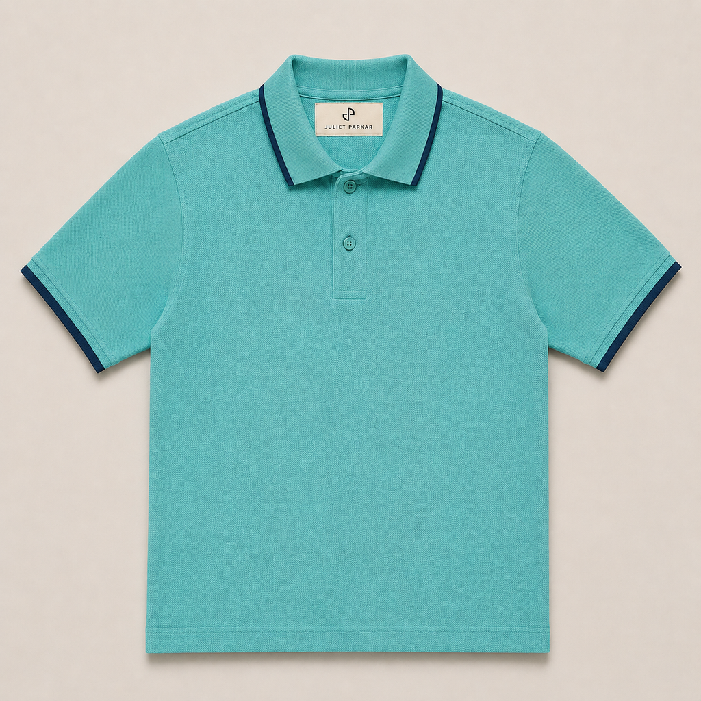 Men's Aqua Blue Classic Polo made from 100% cotton piqué by Juliet Parkar