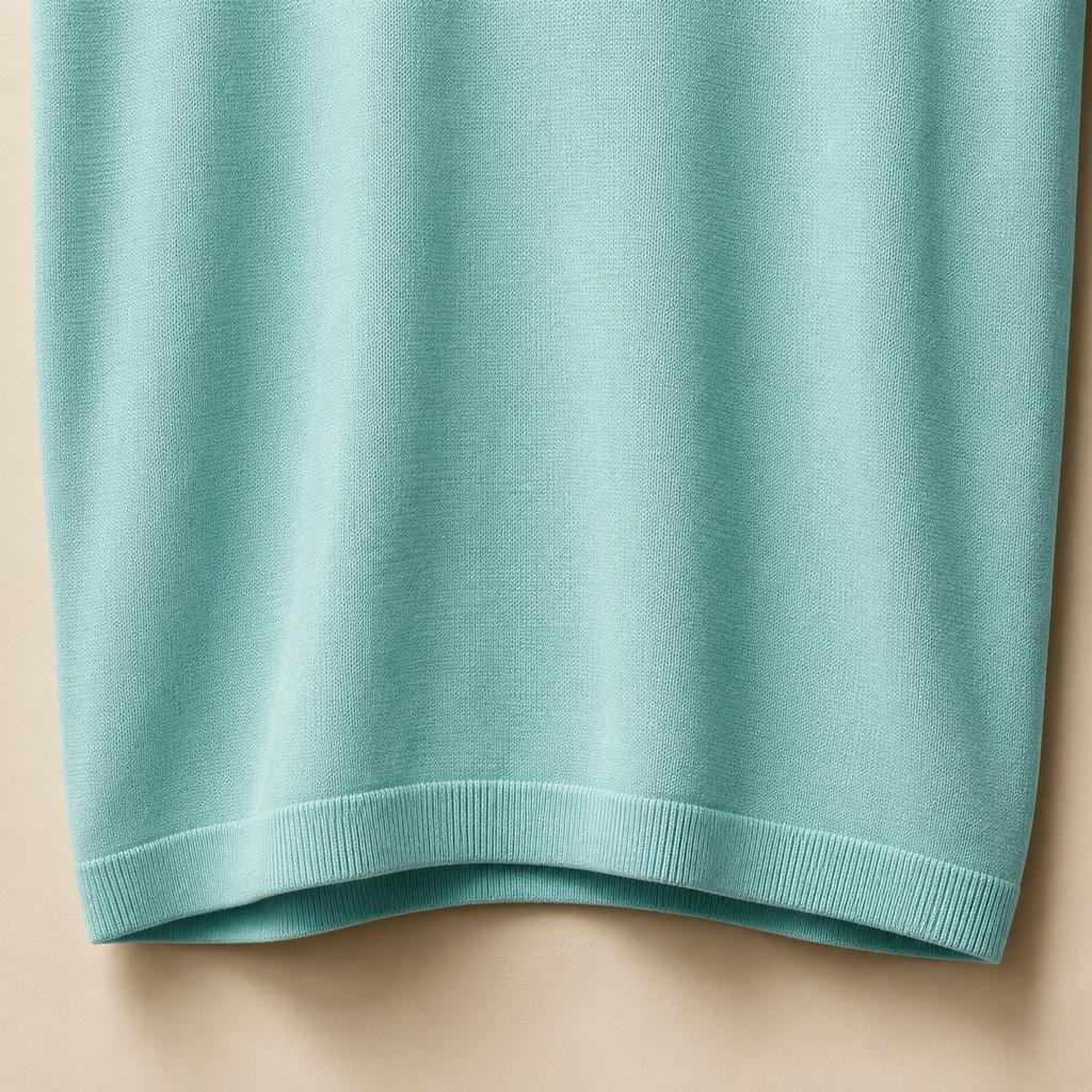 Close-up of the 100% cotton piqué fabric and bottom hem stitching on the Men's Aqua Blue Classic Polo by Juliet Parkar