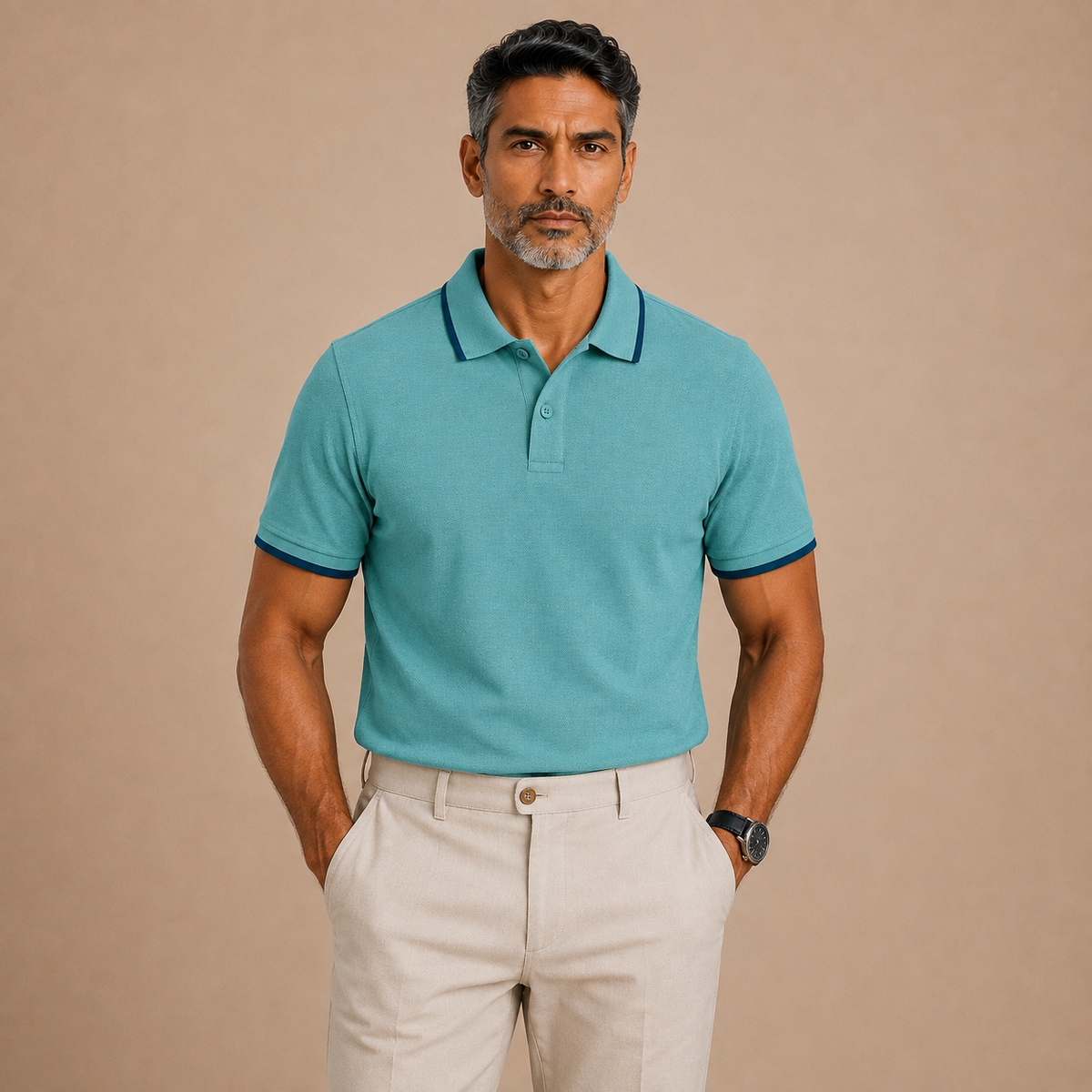 Man wearing Juliet Parkar's Aqua Blue Classic Polo with beige trousers
