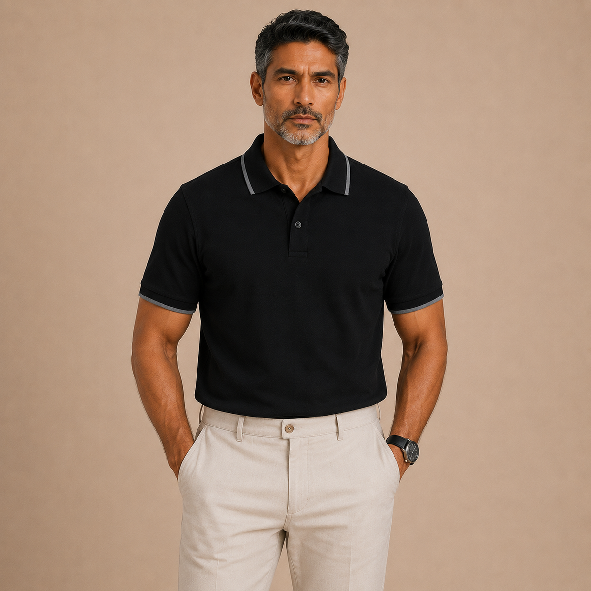 Man wearing Juliet Parkar's Black Classic Polo with beige trousers