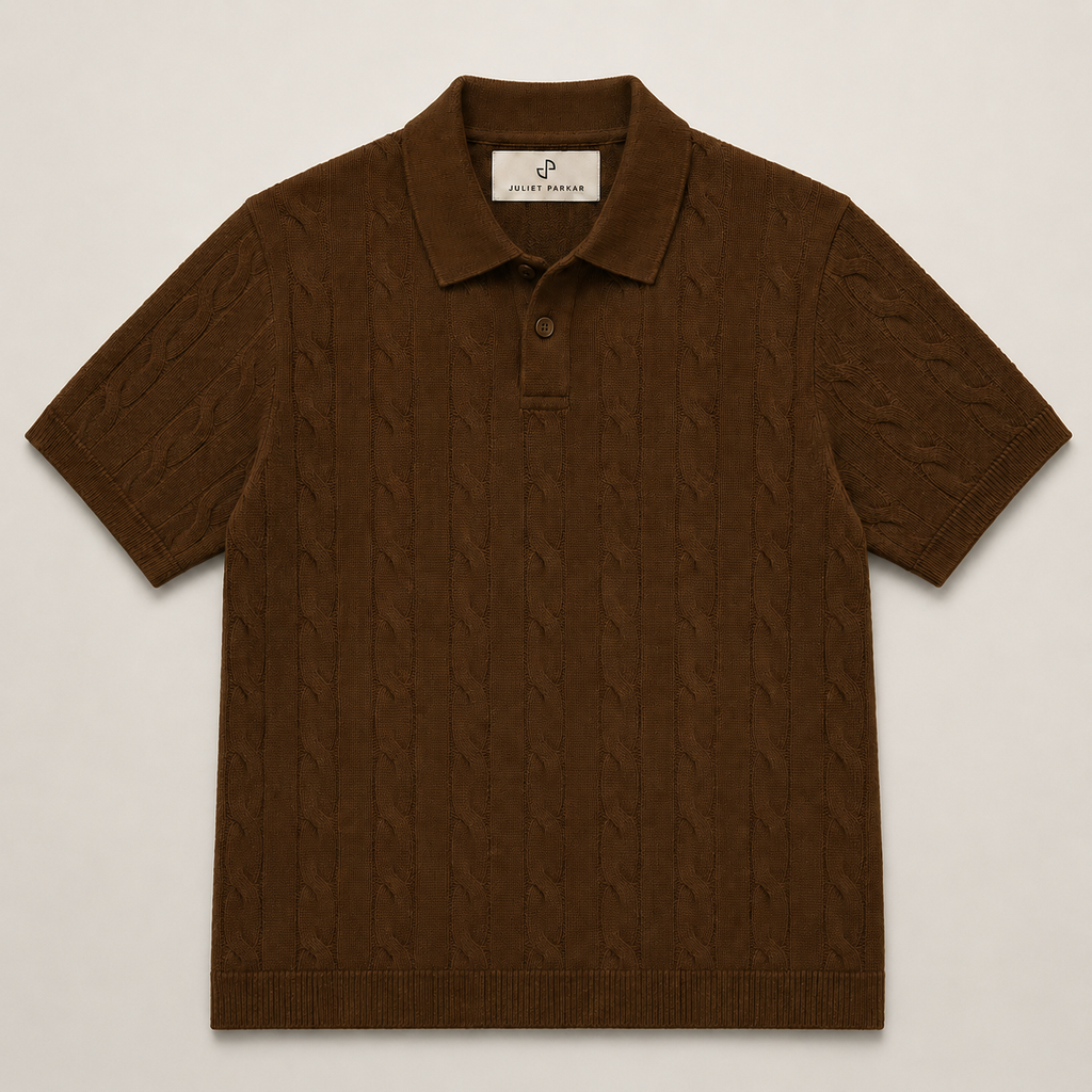 Men's Brown Cable Knit Polo made from 100% cotton by Juliet Parkar