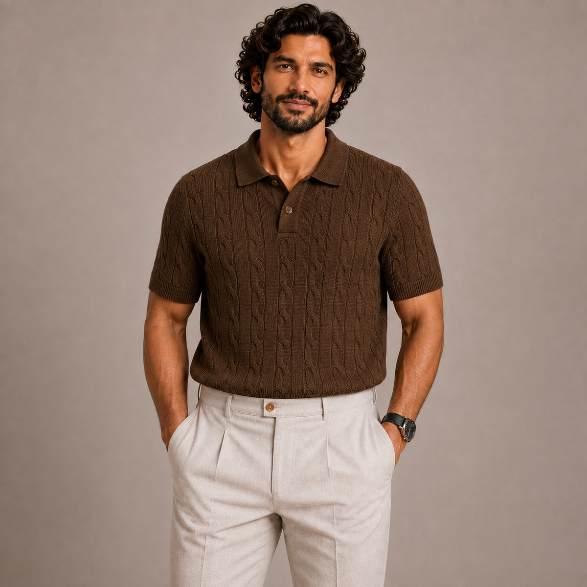 Man wearing Juliet Parkar's Brown Cable Knit Polo with beige trousers