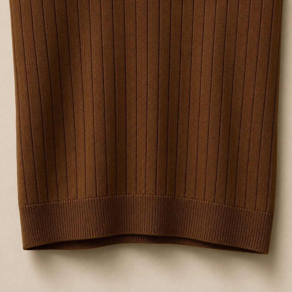 Close-up of the 100% cotton fabric and bottom hem stitching on the Men's Brown Contrast Collar Polo by Juliet Parkar