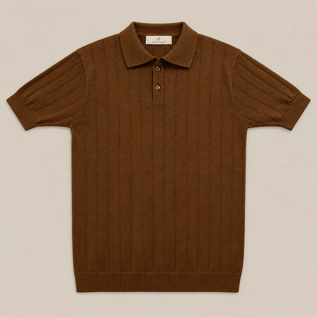 Men's Brown Rib Knit Polo made from 100% cotton by Juliet Parkar