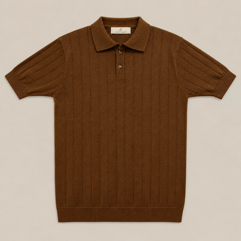 Men's Brown Rib Knit Polo made from 100% cotton by Juliet Parkar