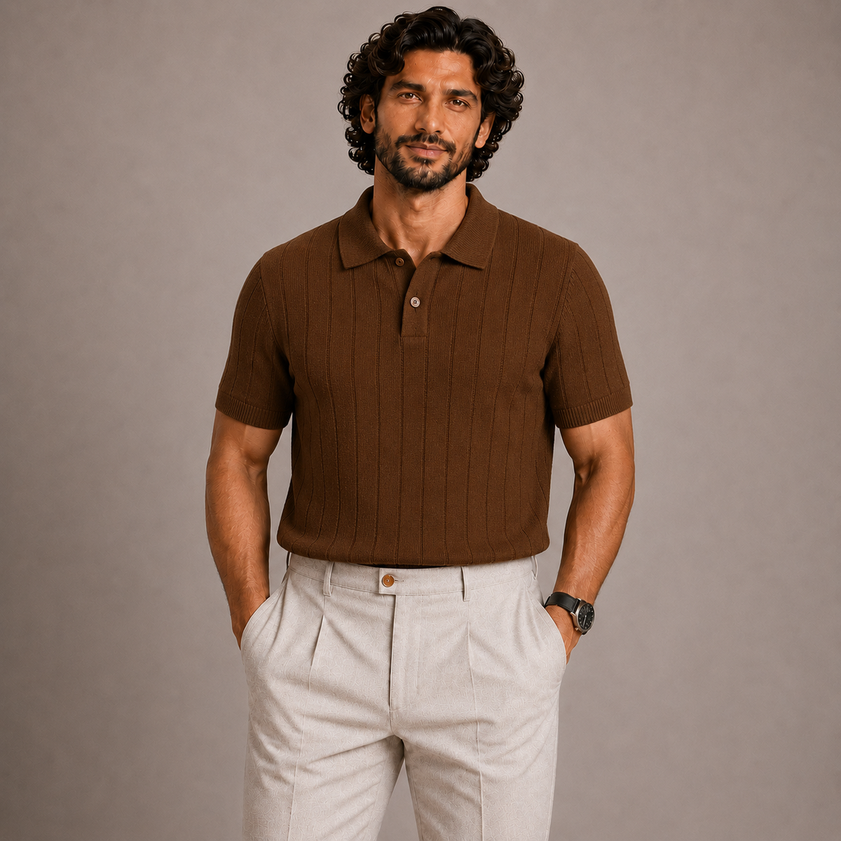 Man wearing Juliet Parkar's Brown Rib Knit Polo with beige trousers