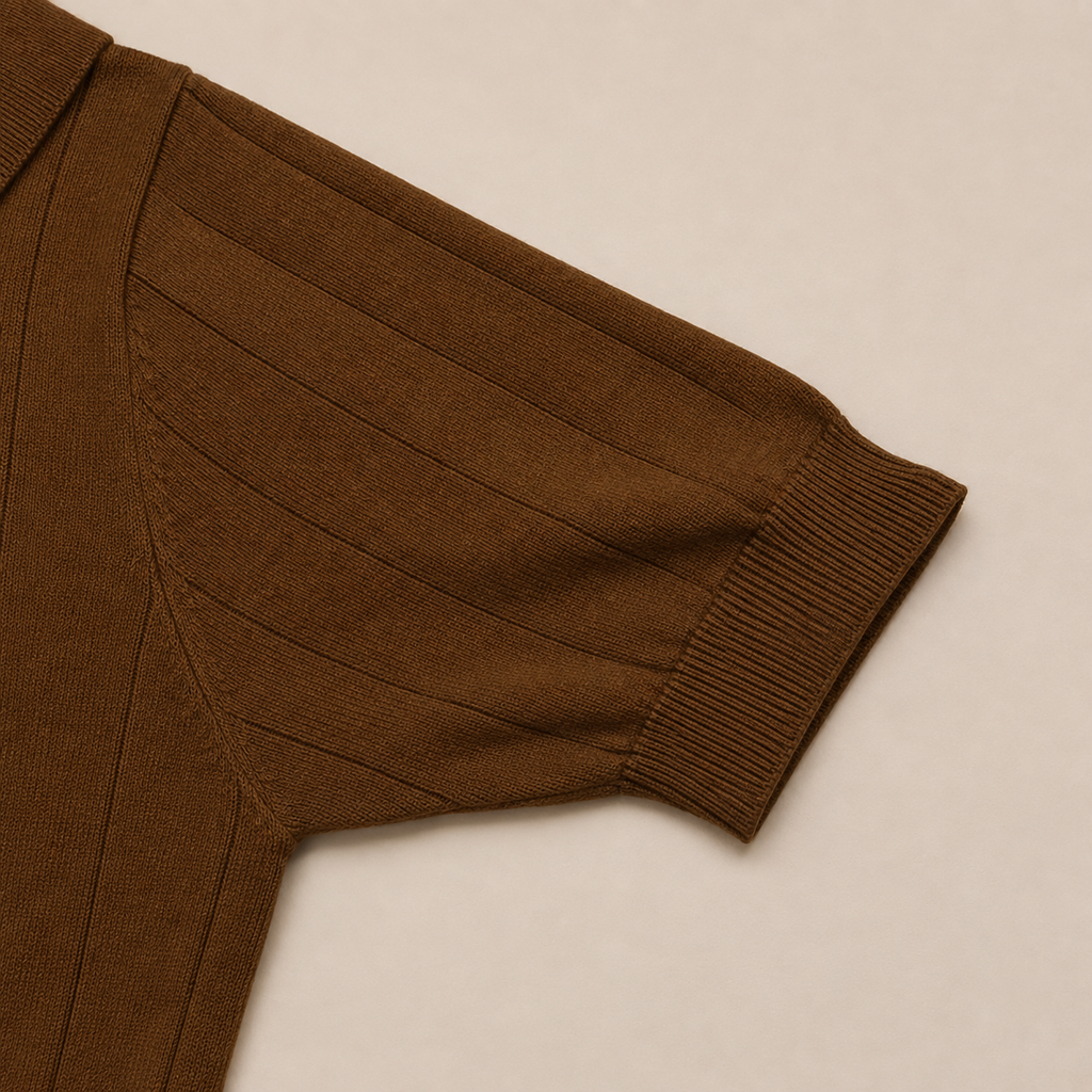 Close-up of the short sleeve with ribbed cuff on the Men's Brown Rib Knit Polo in 100% cotton by Juliet Parkar