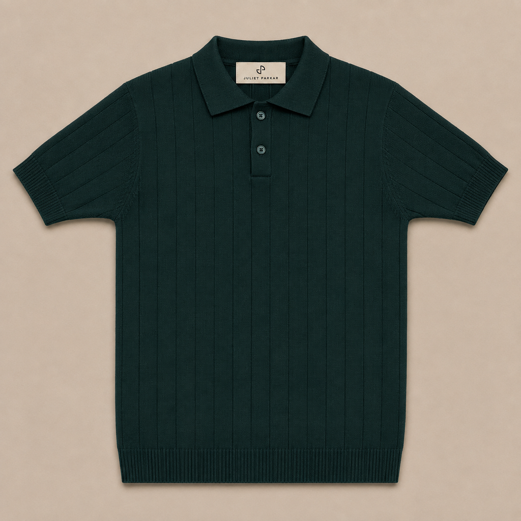 Men's Forest Green Rib Knit Polo made from 100% cotton by Juliet Parkar