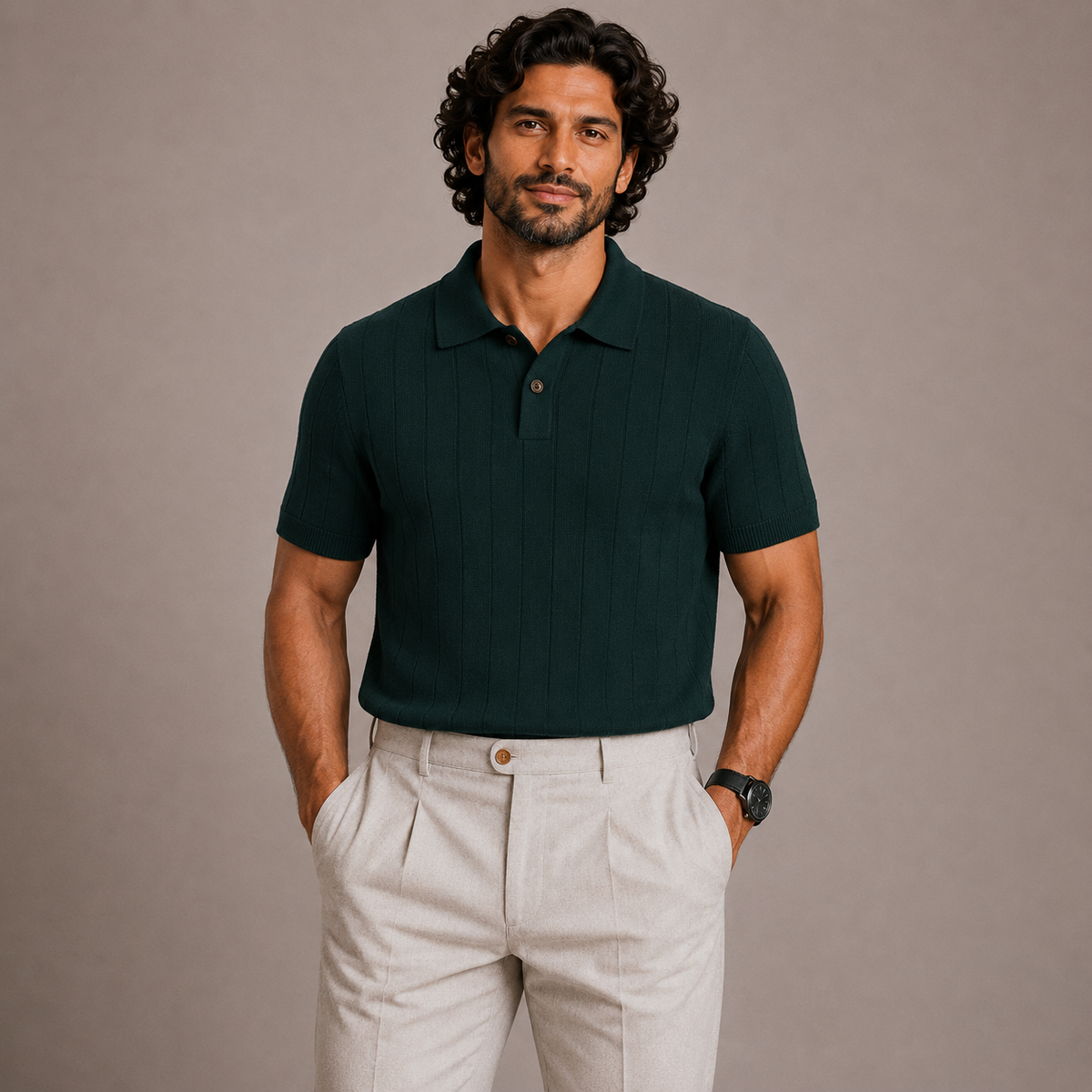 Man wearing Juliet Parkar's Forest Green Rib Knit Polo with beige trousers