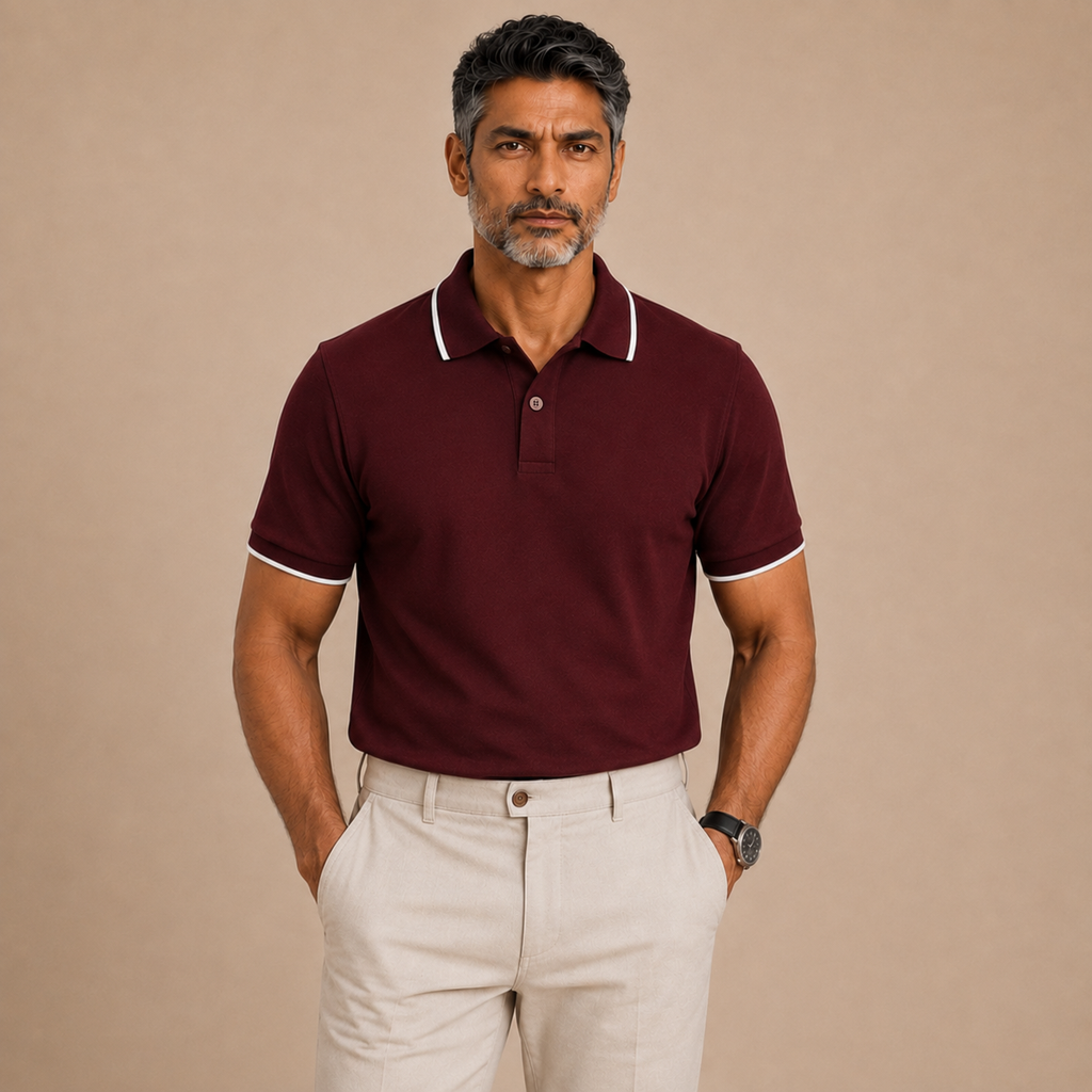 Man wearing Juliet Parkar's Maroon Classic Polo with beige trousers