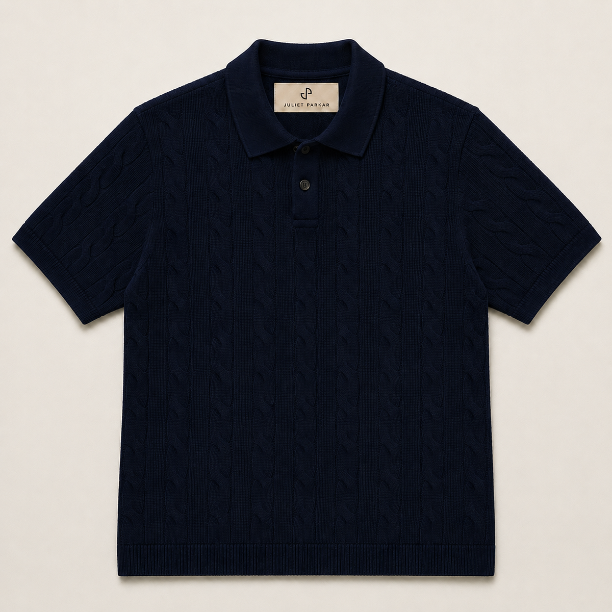 Men's Navy Blue Cable Knit Polo made from 100% cotton by Juliet Parkar