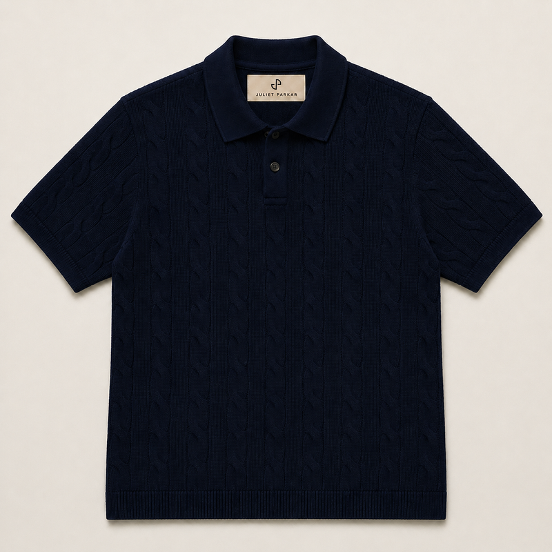Men's Navy Blue Cable Knit Polo made from 100% cotton by Juliet Parkar