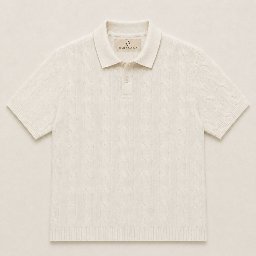 Men's Pearl White Cable Knit Polo made from 100% cotton by Juliet Parkar