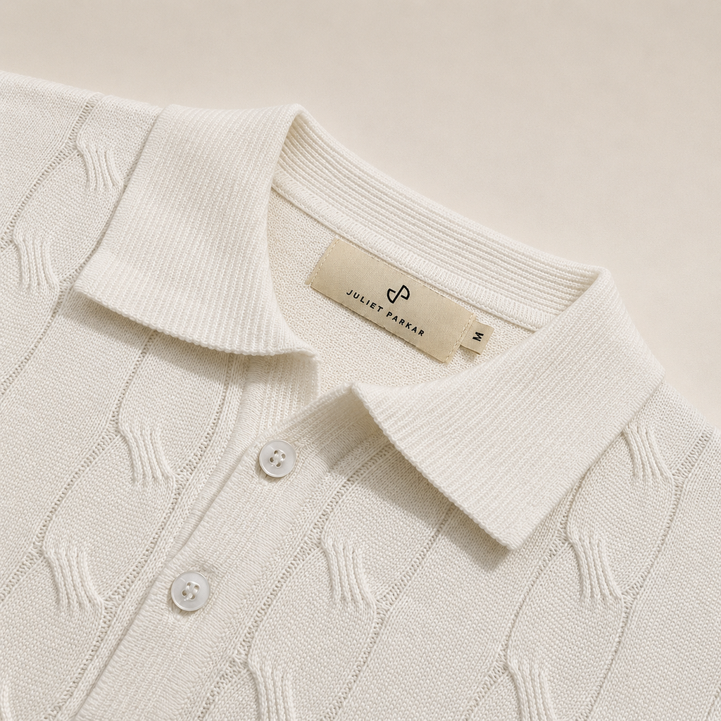 Close-up of the collar and button placket on the Men's Pearl White Cable Knit Polo in 100% cotton by Juliet Parkar