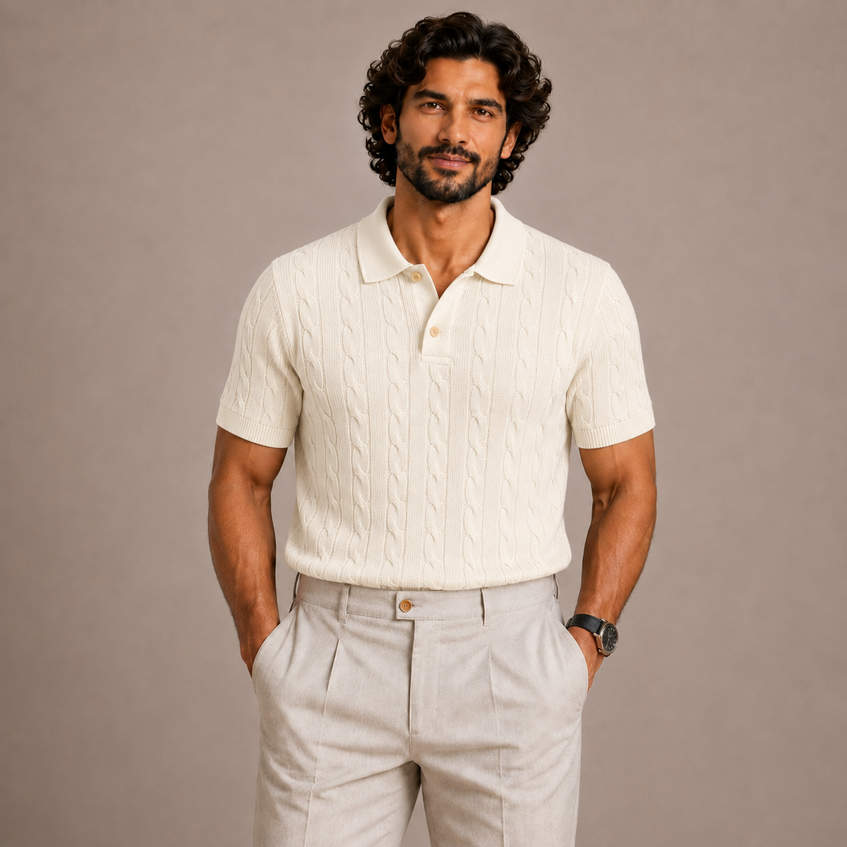 Man wearing Juliet Parkar's Pearl White Cable Polo with beige trousers
