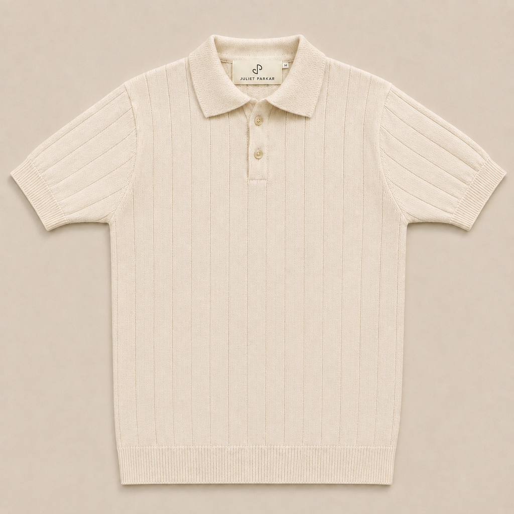 Men's Pearl White Rib Knit Polo made from 100% cotton by Juliet Parkar