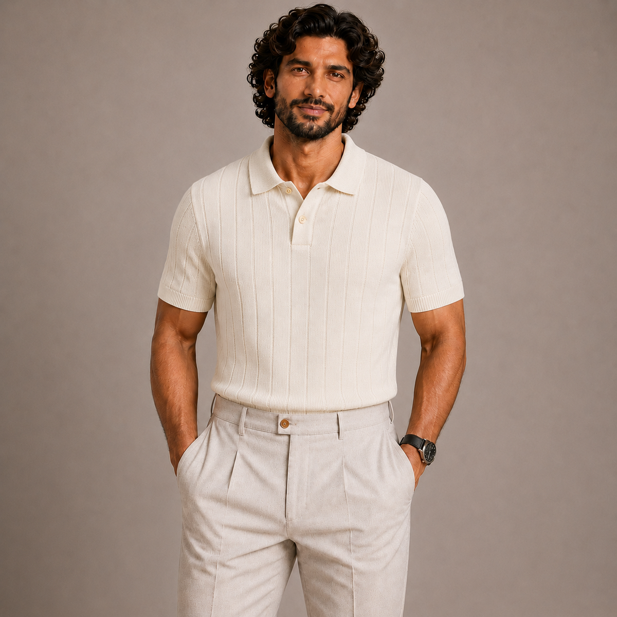 Man wearing Juliet Parkar's Pearl White Rib Knit Polo with beige trousers