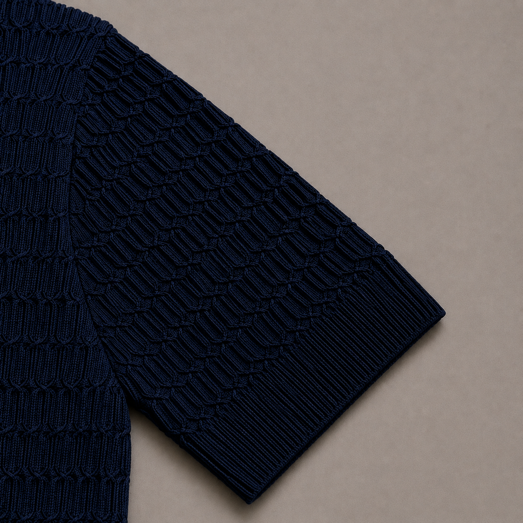 Navy Blue Cotton Cable Knit Polo